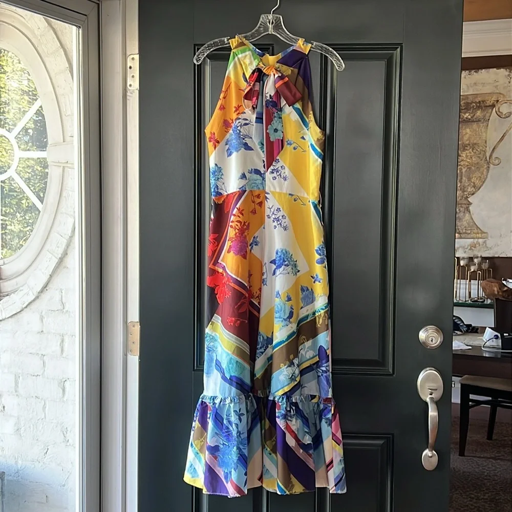 Tahari ASL Blue/Yellow Multi Floral Sleeveless Flounce-Hem Maxi Dress Size 8P - Picture 9 of 16